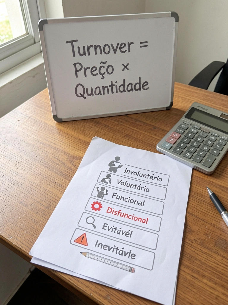 Quadro negro com a fórmula Turnover = Preço × Quantidade, calculadora ao lado.