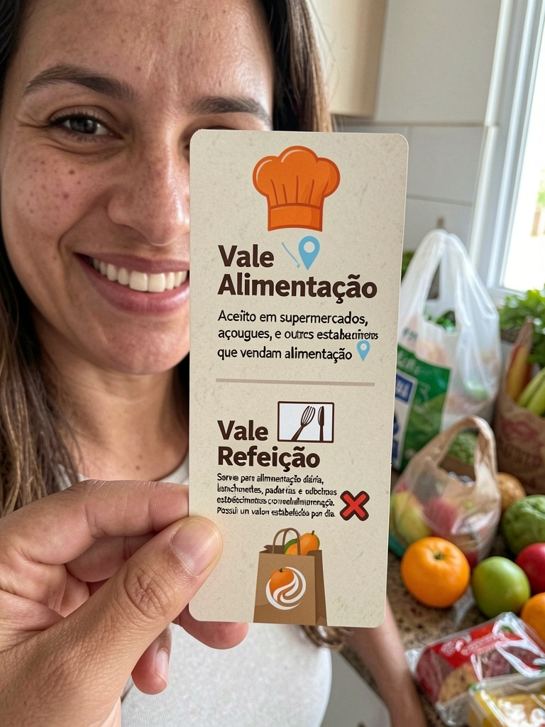 Cartão de vale alimentação sobre mesa com compras de supermercado ao fundo