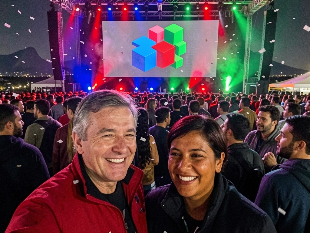 Público em pé no Riocentro durante conferência de tecnologia, com luzes coloridas no palco e painel do Rio ao fundo.