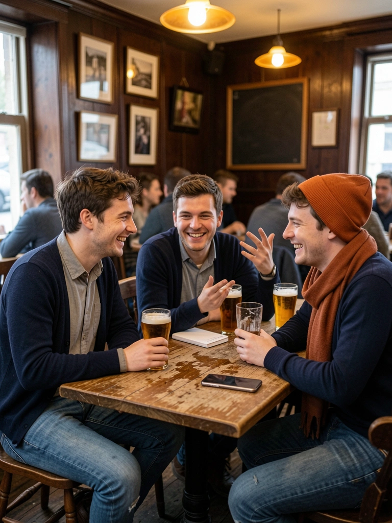 Pessoas sentadas em mesa de pub com copos, paredes de madeira e luz baixa ao fundo.